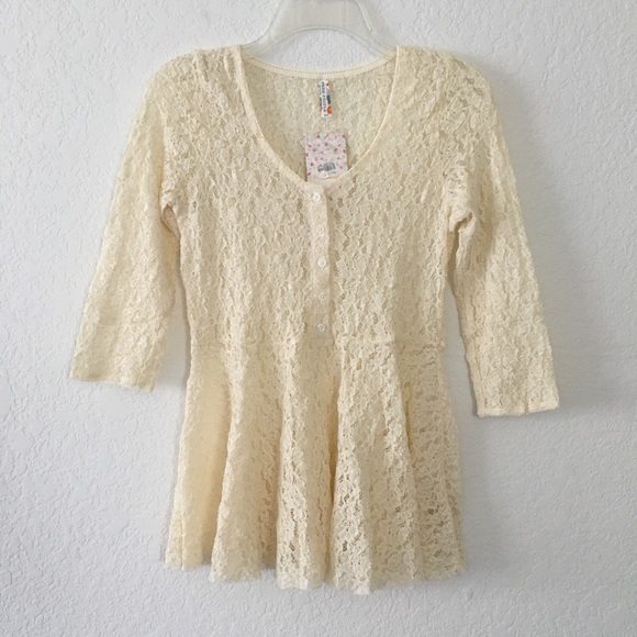 Free People Lace Peplum See Thru Button Top Long Sleeve NWT - Picture 2 of 7